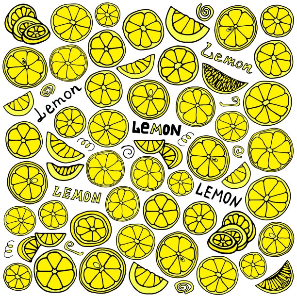 明亮的插图与柠檬片的白色背景涂鸦风格。图片下载