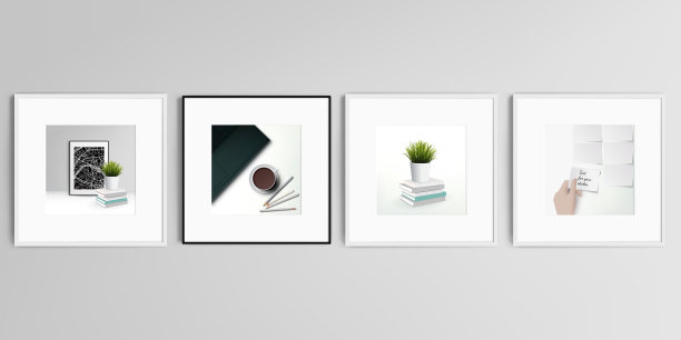 现实的矢量集的正方形相框孤立在灰色背景。家庭办公室概念，学习或自由职业者，在家工作。图片下载