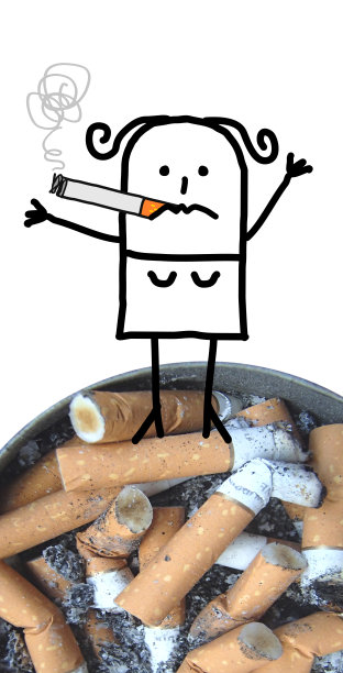 卡通女子抽着烟，站在一个大烟灰缸上拍照图片下载