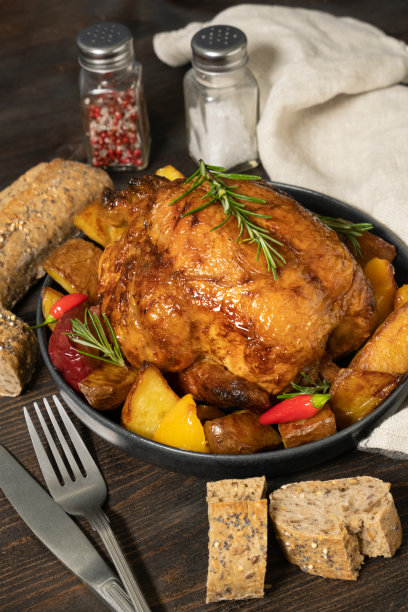 烤鸡或家禽配土豆和蔬菜图片下载