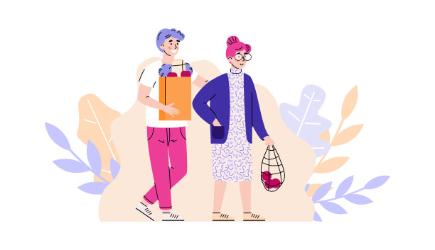 志愿者帮助老年妇女购物，平面矢量插图孤立。图片下载