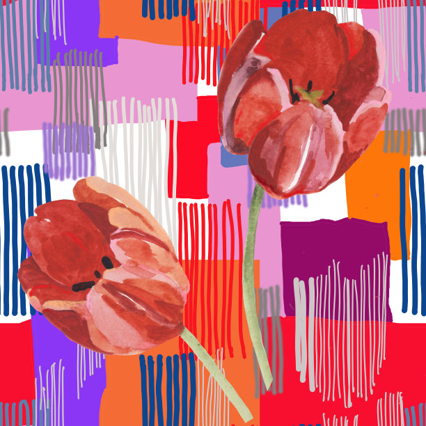 水彩线条纹理与郁金香无缝图案。图片下载