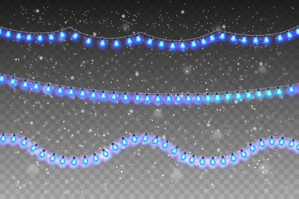 圣诞灯。彩色明亮的花环与飘落的雪孤立在透明的背景。发光的灯为明信片背景和横幅。矢量图图片下载