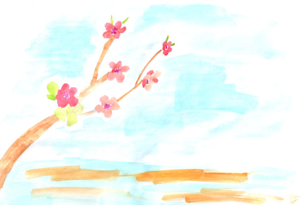 枝与盛开的樱花在水上。水彩花。美丽的设计说明。手绘图片下载