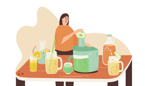 女人做果汁，夏季柠檬水卡通插图。图片下载