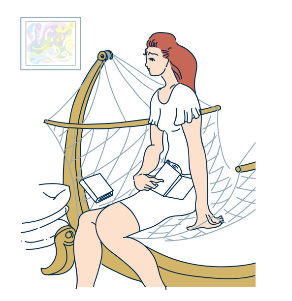 年轻女子在吊床上看书。图片下载
