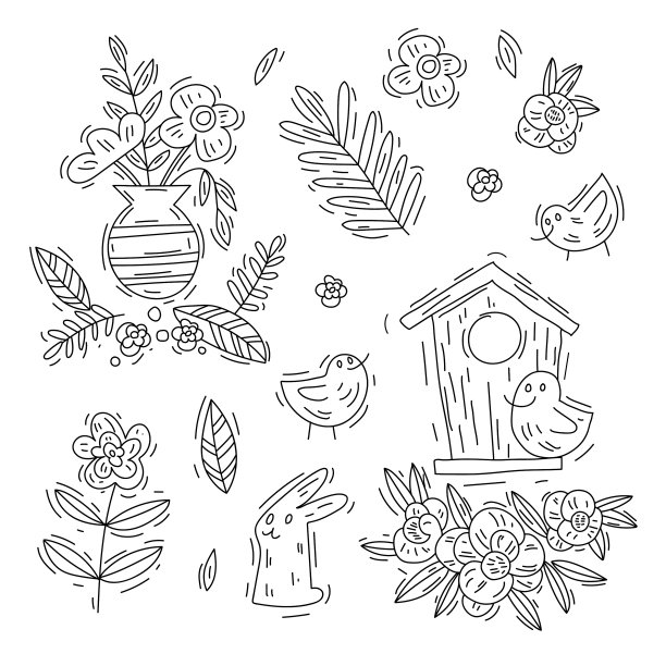 一组矢量手绘元素的轮廓。花瓶里有花，鸟，鸟屋，植物，兔子。春季和夏季的涂鸦系列图片下载