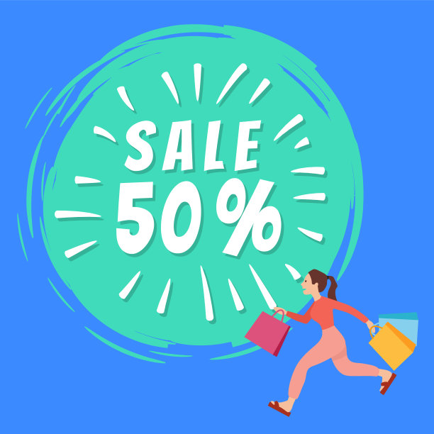 营销上，卡通顾客女顾客跑到店里。促销和折扣图片下载