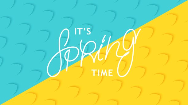 春天到了。明亮有趣的背景与风格化的叶子。线性书法标签。向量模板图片下载