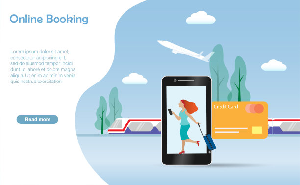 一名带着行李旅行的女子在智能手机上用信用卡预订机票和火车票。图片下载