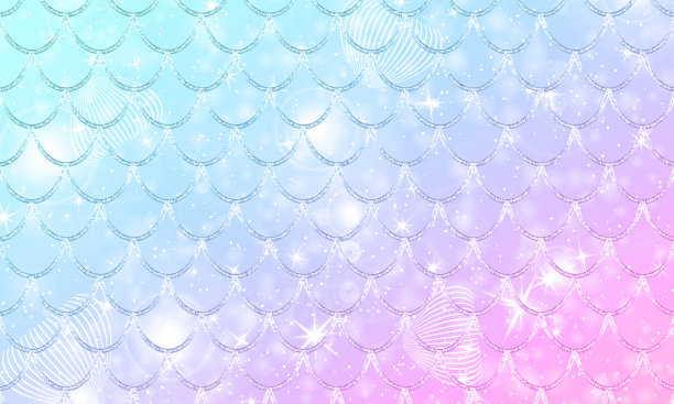 美人鱼卡哇伊图案。鱼的规模。水彩全息星。图片下载