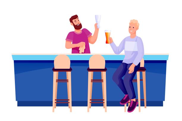 酒吧里的人。酒保在柜台擦拭杯子，年轻快乐的男人坐着喝啤酒。现代娱乐和休息矢量插图孤立在白色。坐在凳子上的那个人图片下载