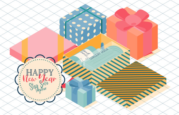 新年礼物，口罩和洗手液，用于新冠肺炎疫情，媒介，插图图片下载