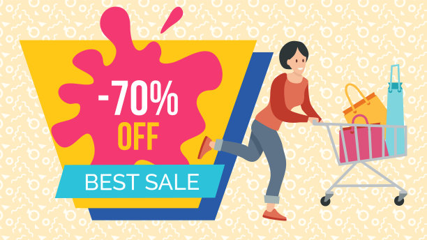 促销和折扣。女人拿着购物袋在购物车里冲去购物图片下载