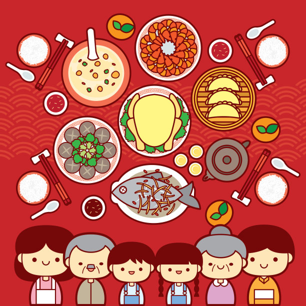 中国除夕，团圆饭矢量插图与传统节日菜肴。图片下载