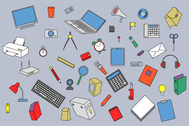 彩色电脑设备，文具在灰色背景上随机排列。矢量图形学校，办公室，大学旗帜。事无巨细的物体。回到学校。工作混乱。图片下载