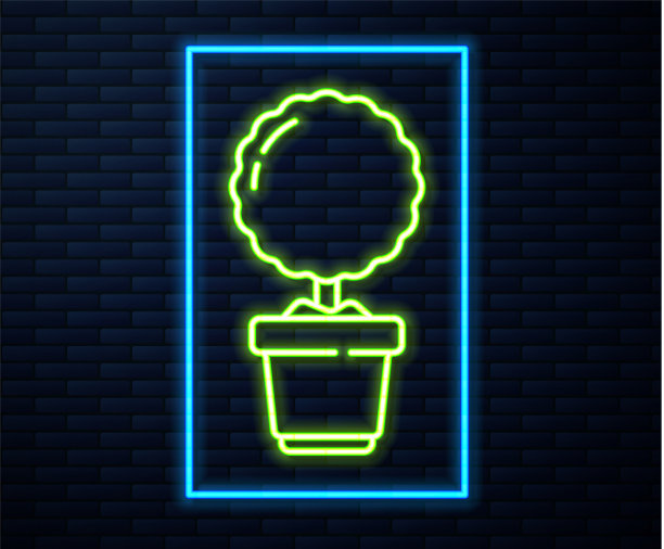 发光的霓虹灯线植物在花盆图标孤立上图片下载