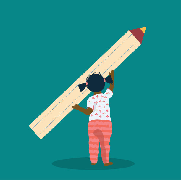 回到学校的概念。可爱的非裔美国女孩用大铅笔在墙上画画，纸。孩子用铅笔画画。有趣的卡通人物。平面矢量插图孤立的背景。图片下载