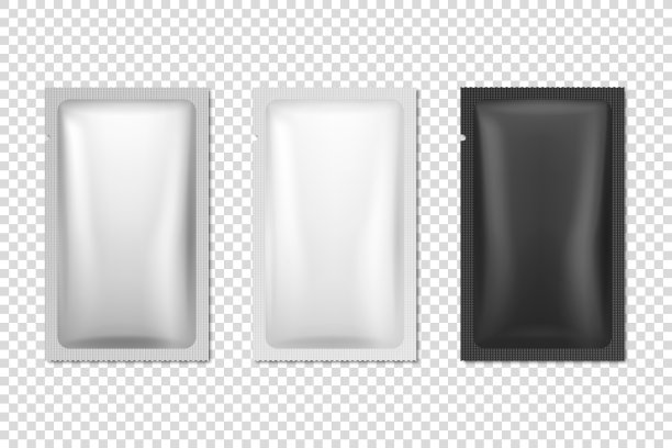 矢量3d现实箔，白色，黑色塑料，纸长细长空白包装集隔离。采购产品咖啡，茶，盐，糖，香料，香袋和湿擦包装纸。设计模板，包装，模型。俯视图图片下载