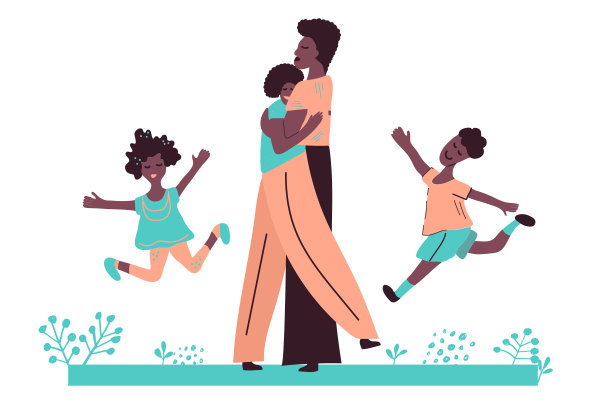 非裔美国黑人家庭。父亲，母亲，儿子和女儿。一对夫妇拥抱，孩子们跳起来。家庭度假，户外活动。手绘矢量卡通插图孤立的白色背景图片下载