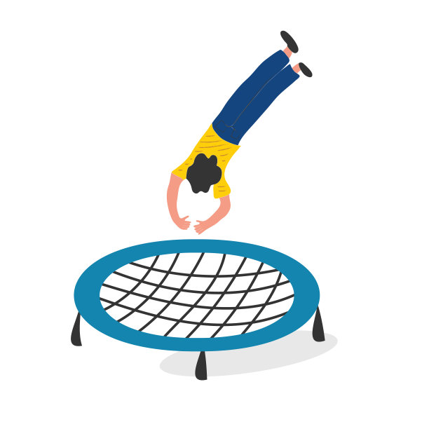 快乐的男孩在蹦床上跳。年轻人有乐趣跳跃和弹跳，业余时间，训练和活动。卡通平面矢量插图图片下载