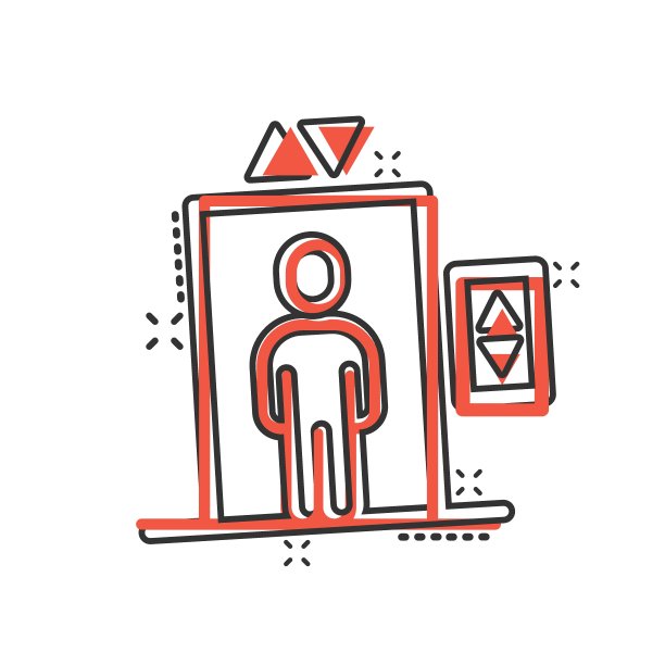 漫画风格的电梯图标。在白色孤立的背景上提升卡通矢量插图。客运飞溅效应经营理念。图片下载