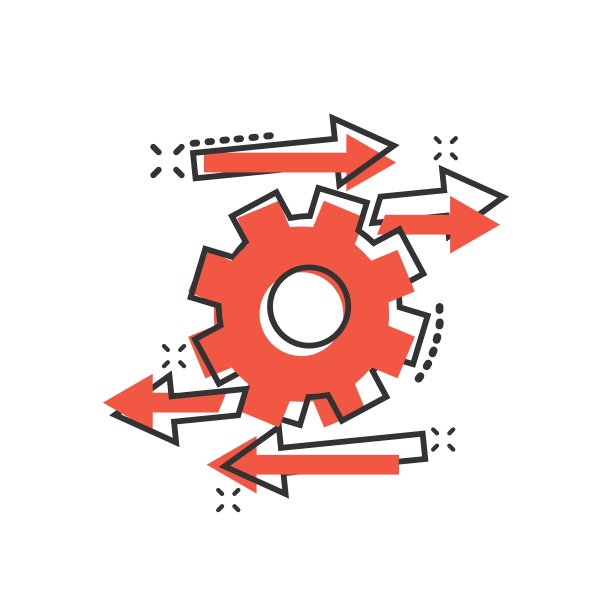 以漫画风格处理图标。箭头和齿轮卡通矢量插图在白色孤立的背景。优化喷溅效果的经营理念。图片下载