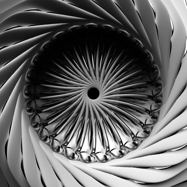 抽象艺术3d渲染三维工业背景，部分超现实对称涡轮喷气发动机，曲线螺旋叶片分形图案，白色陶瓷和银色金属材料图片下载