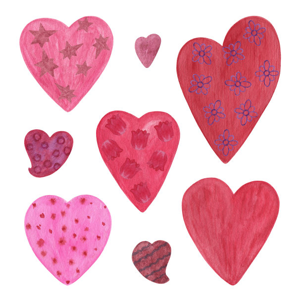 心形设置红色，粉色，紫色水彩手绘插画不同大小的爱的象征简单的装饰为圣瓦伦丁节日庆祝，纺织品，横幅，邀请，装饰图片下载