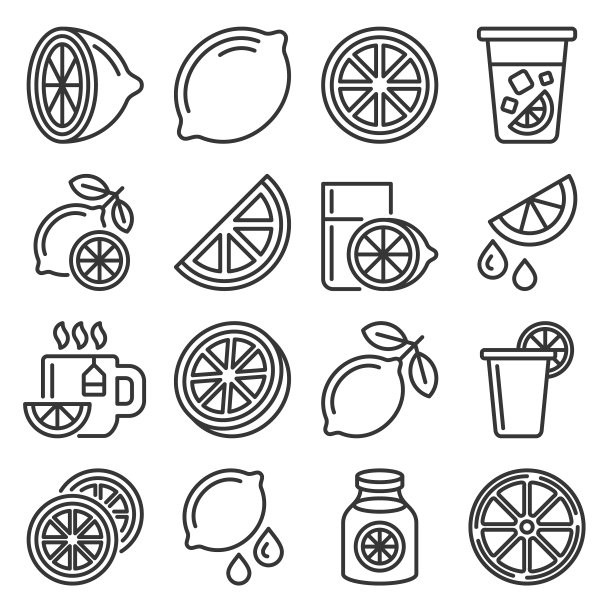 柠檬和酸橙图标设置在白色的背景线图片下载