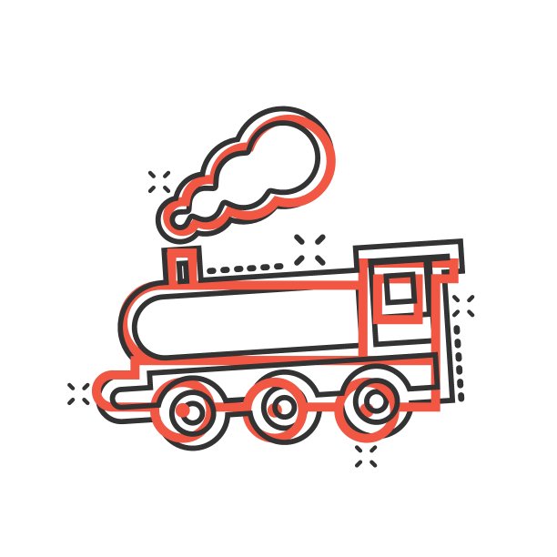 漫画风格的地铁图标。火车地铁卡通矢量插图在白色孤立的背景。铁路货物飞溅效应经营理念。图片下载