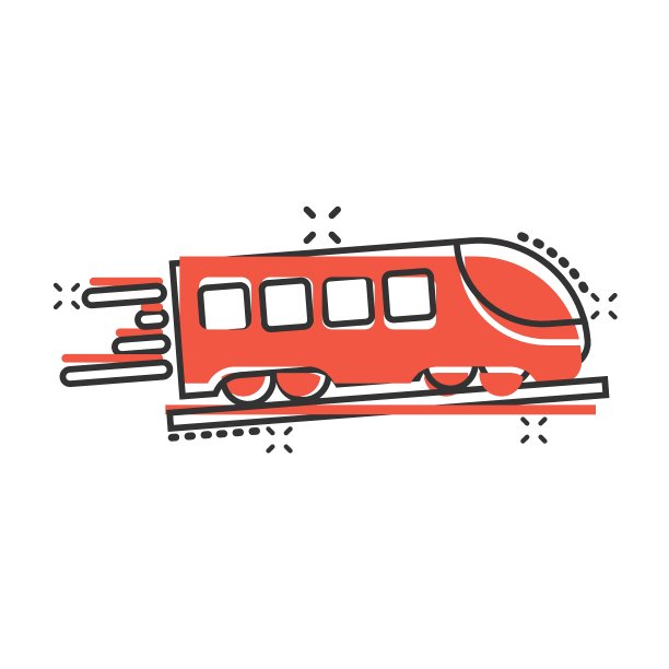 漫画风格的地铁图标。火车地铁卡通矢量插图在白色孤立的背景。铁路货物飞溅效应经营理念。图片下载