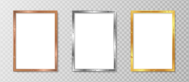 白色空白相框，写实垂直相框，A4尺寸。空白色画框模型模板隔离。奢华优雅的矢量设计插图与金，银和青铜的颜色图片下载