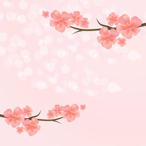 樱花盛开。樱桃枝在粉红色的背景与散景。向量图片下载