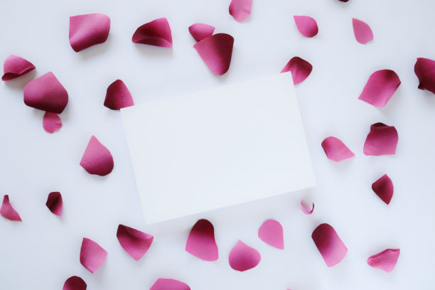 卡片周围环绕着粉红色的人造花瓣。图片下载