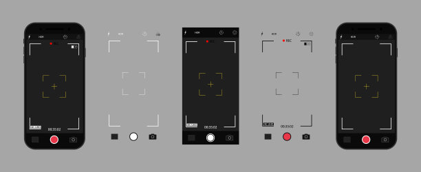 手机内置摄像头。带有界面的手机屏幕上的照片相机。智能手机自拍UI。应用程序的照片，记录视频在手机。图标的焦点，框架，闪光，缩放，网格和按钮。向量。图片下载