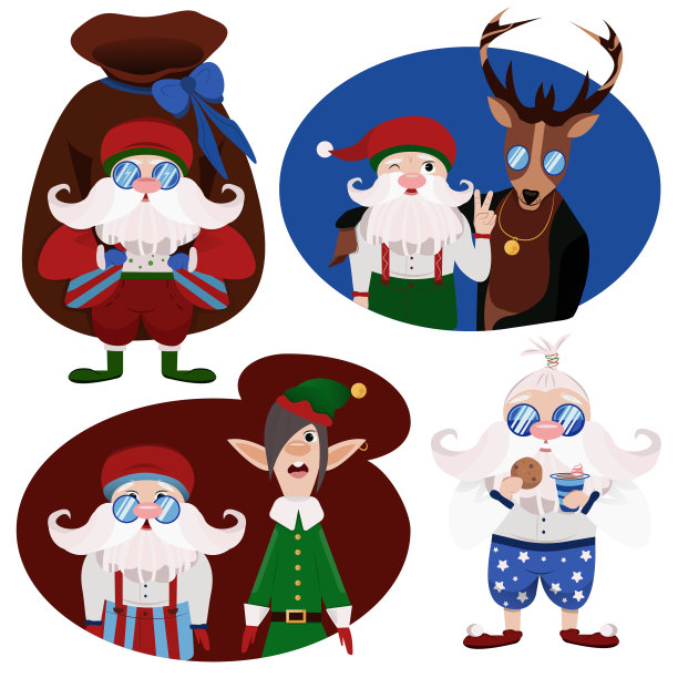 卡通圣诞老人。角色可爱和风格的圣诞老人与助手鹿安娜精灵在白色的背景平坦。圣诞和新年圣诞老人。矢量图图片下载