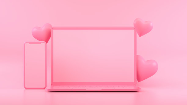 空屏幕智能手机和笔记本电脑与心脏形状，情人节概念，粉色背景图片下载