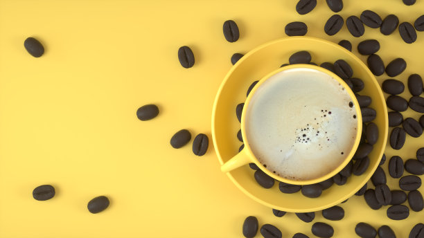 黄色背景的咖啡豆和马克杯图片下载
