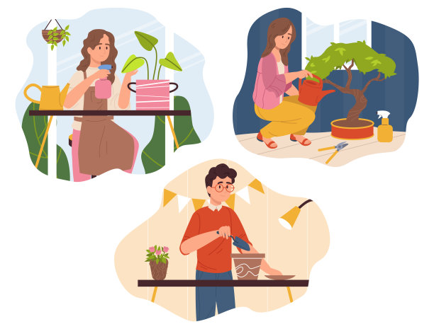 一套年轻人照料室内植物。图片下载