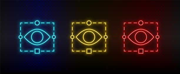 霓虹灯图标。视网膜科技眼。设置红、蓝、黄霓虹灯矢量图标图片下载