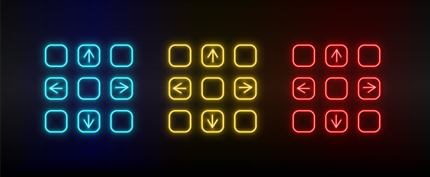 霓虹灯图标。跳舞游戏垫街机复古。设置红、蓝、黄霓虹灯矢量图标图片下载