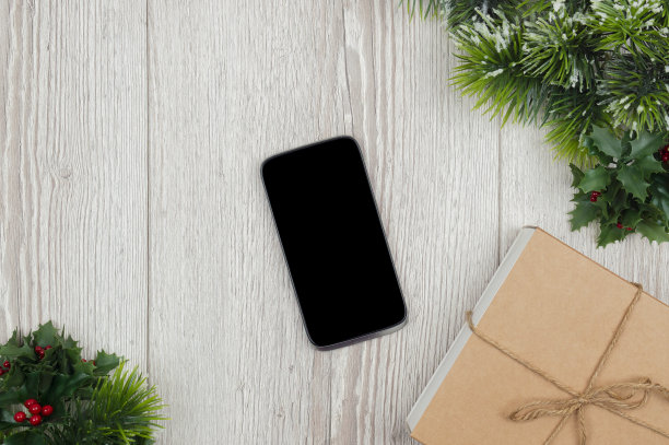 智能手机圣诞模型。盒子里装着圣诞树和电话。圣诞节和新年网上购物。图片下载