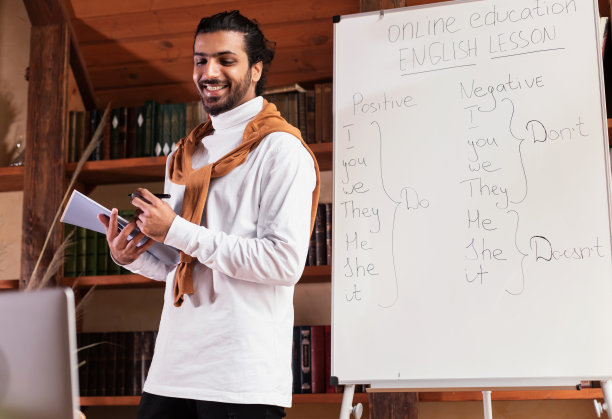 印度教师在室内通过笔记本电脑在线上英语课图片下载