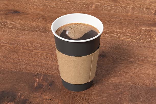 黑色带走咖啡纸杯模型与支架上的木制背景。图片下载