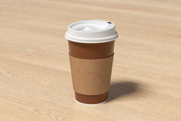 棕色带走咖啡纸杯模拟与白色盖与支架在木制背景。图片下载