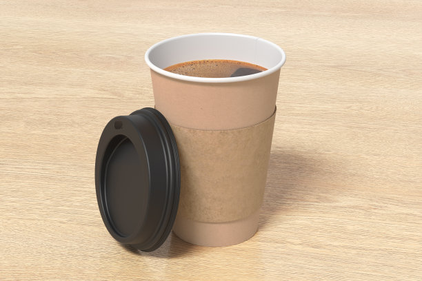 硬纸板带走咖啡纸杯模型与打开的黑色盖与holder在木制背景。图片下载