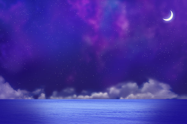 新月，云彩，夜晚的大海图片下载