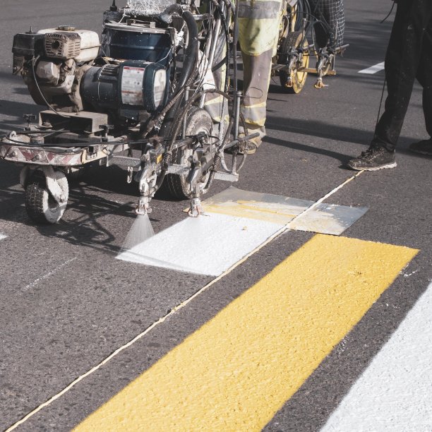 早春，一组工人在新铺的柏油路上使用自动化设备绘制人行横道图片下载