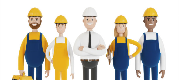 产业工人。施工队伍。工程师、技术员和各种职业的工人。3D插图卡通风格。图片下载